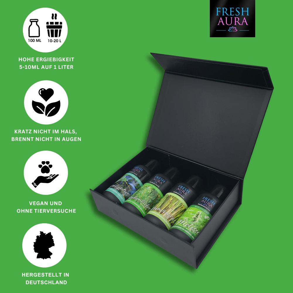 Fresh Aura Saunaaufguss Set Relax mit natürlichen ätherischen Ölen, 4 x 100 ml