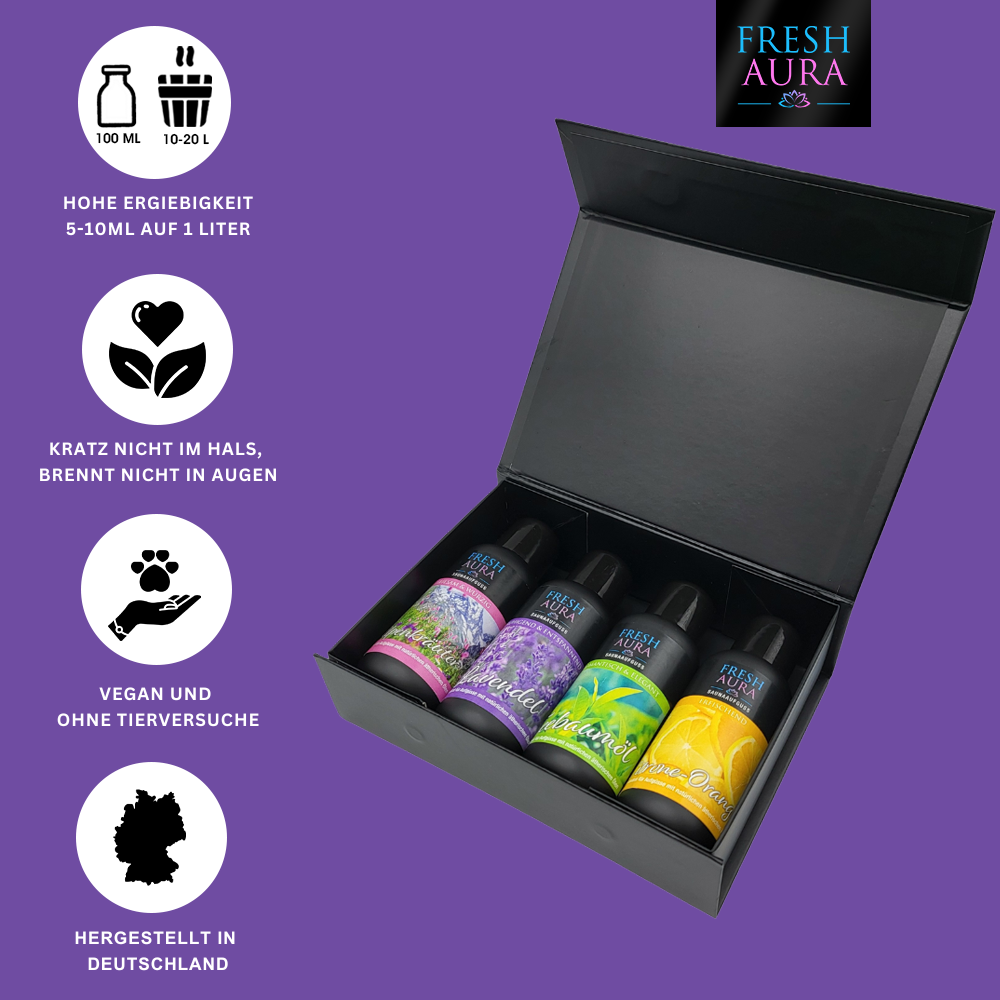 Fresh Aura Saunaaufguss Anregende Duftreise mit natürlichen ätherischen Ölen, 4 x 100 ml
